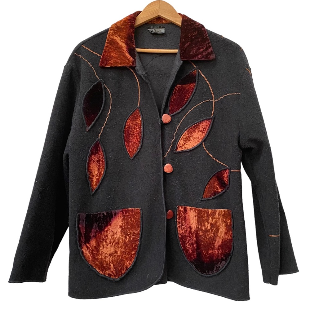 Alisa Cozy Artsy Fleece jacket Velvet applique leaves Made in USA Art to Wear L